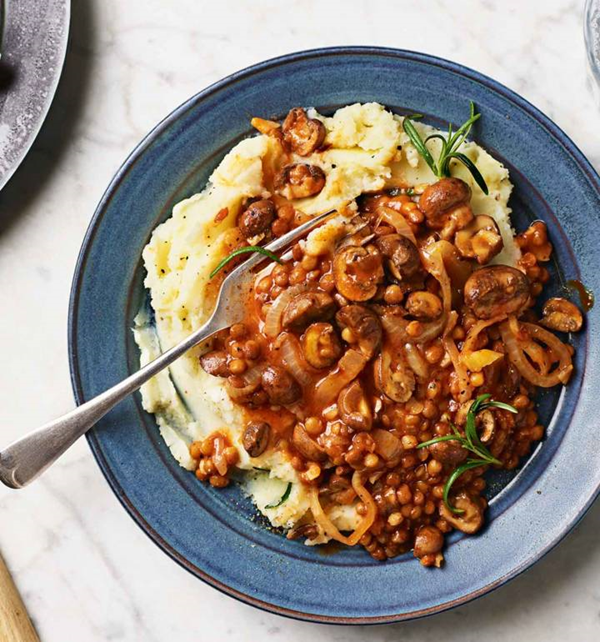 Lentil and mushroom stew with rosemary mashed potato