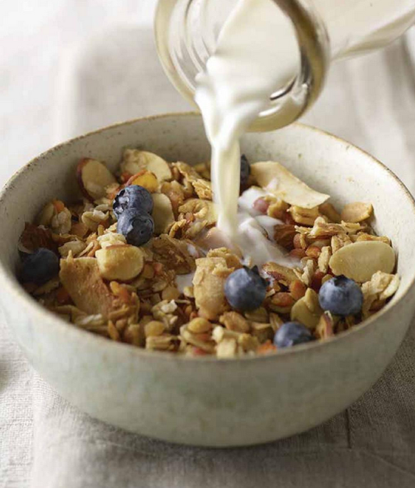 Lentil and oat granola with coconut and almonds