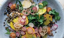 Lentil and pickled shallot salad with berbere croutons