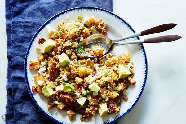 Lentil and quinoa salad with roasted squash, dried cherries, and pistachios