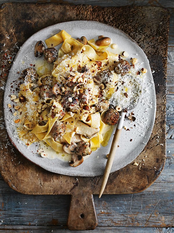 Lentil and rye 'meatballs' with pappardelle and hazelnuts
