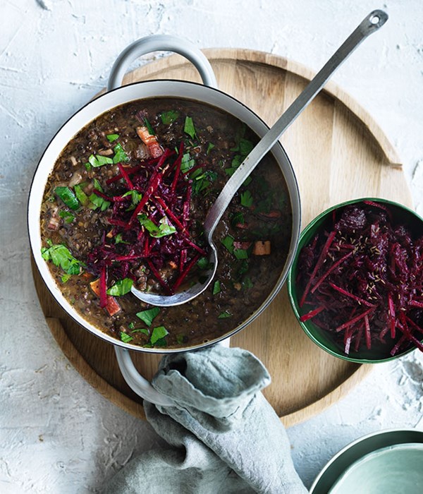 Lentil and speck soup with beetroot slaw