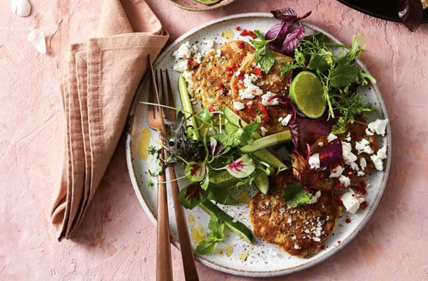 Lentil and zucchini fritters with cucumber salad