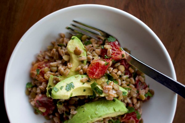 Lentil, avocado, and farro salad