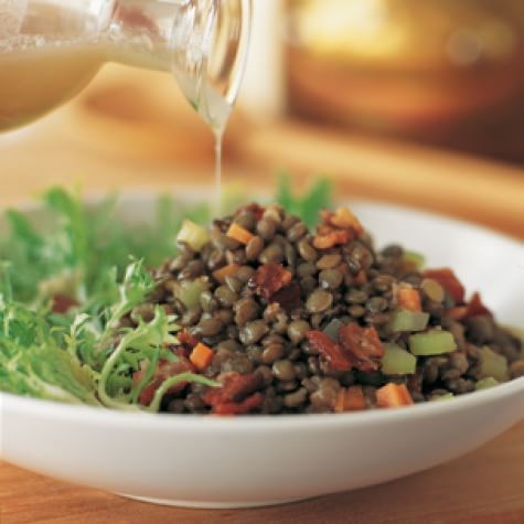 Lentil, bacon & frisée salad