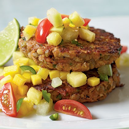 Lentil-barley burgers with fiery fruit salsa