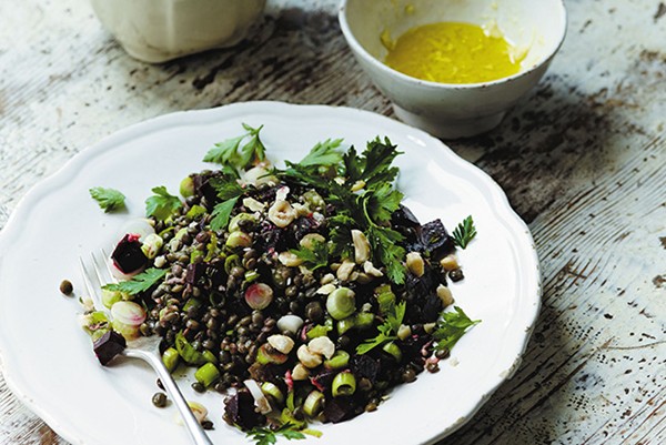 Lentil, beetroot and hazelnut salad with a ginger dressing