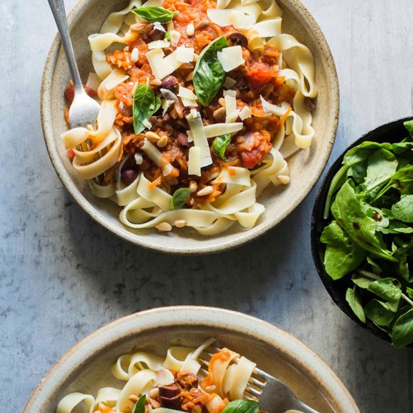 Lentil Bolognaise with Parmesan, basil and pine nuts
