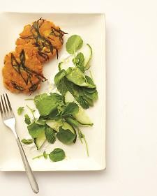 Lentil cakes with feta-yogurt sauce and cucumber-cress salad