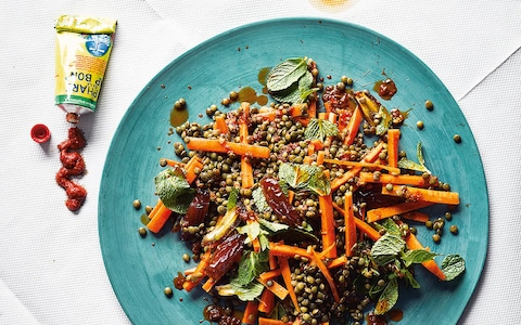 Lentil, carrot and date salad with mint and harissa