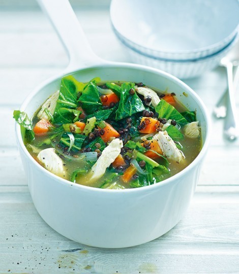 Lentil, chicken, spring greens and broccoli soup