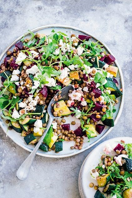 Lentil, courgette, feta and beetroot salad