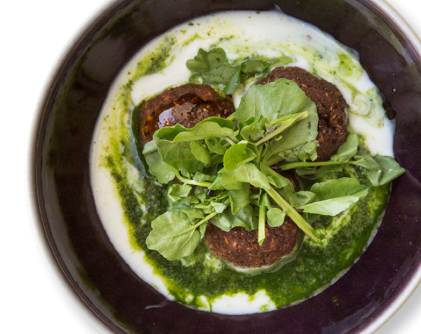 Lentil croquettes with watercress and kefir