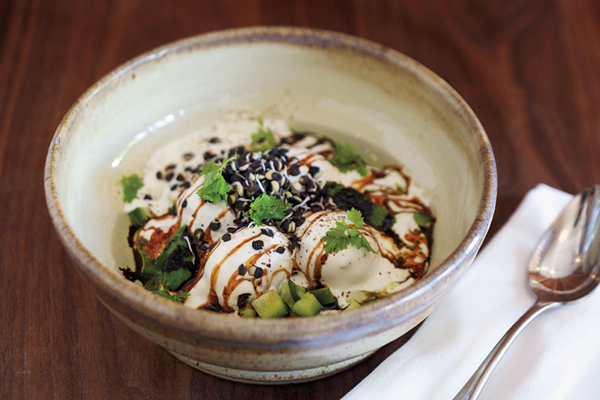Lentil dumplings with rye, yogurt, cherry molasses & kohlrabi