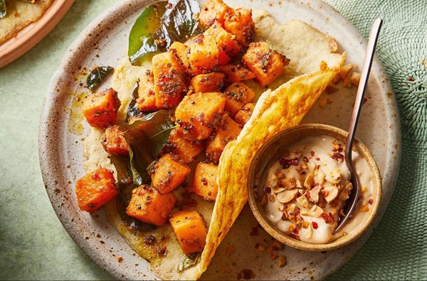 Lentil pancakes & gunpowder potatoes with coconut, peanut and tamarind chutney