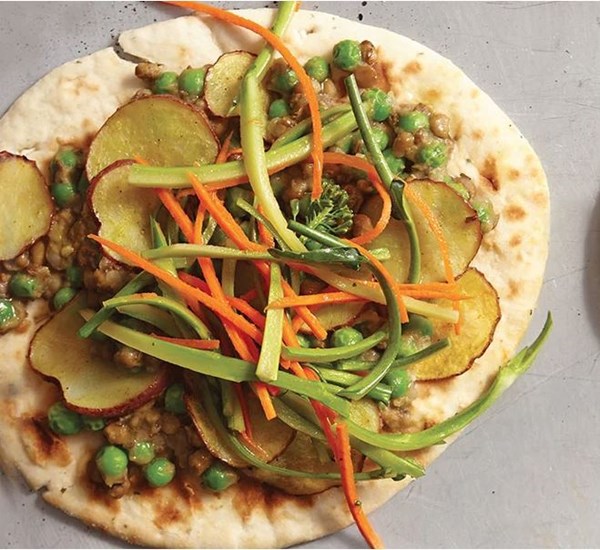 Lentil-potato piz'aans with broccoli slaw