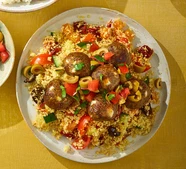 Lentil, ras-el-hanout & date 'meatballs' with olive salsa