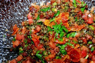 Lentil salad with chorizo and jamon crisps