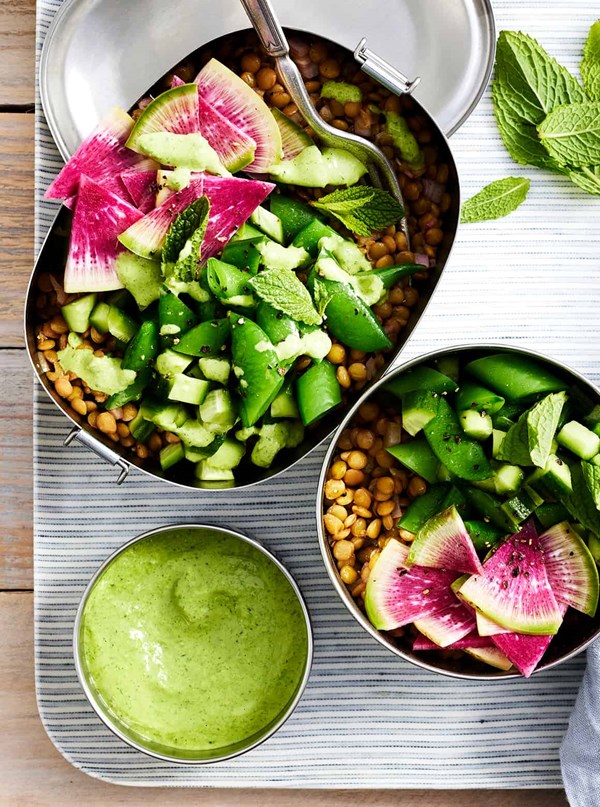 Lentil salad with green tahini