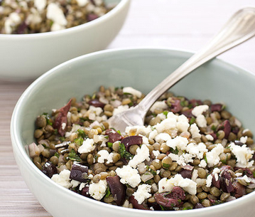 Lentil salad with olives, mint, and feta