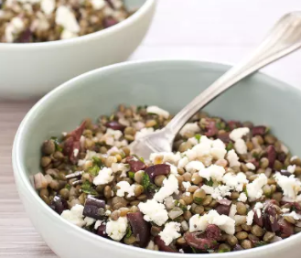 Lentil salad with olives, mint, and feta