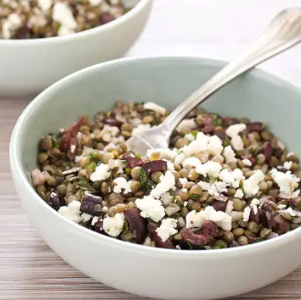 Lentil salad with olives, mint, and feta