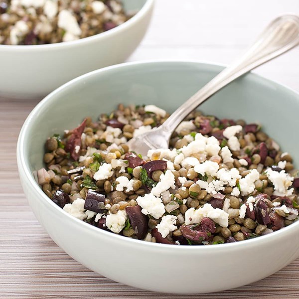 Lentil salad with olives, mint, and feta