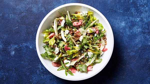 Lentil salad with pickled rhubarb, chevre and arugula