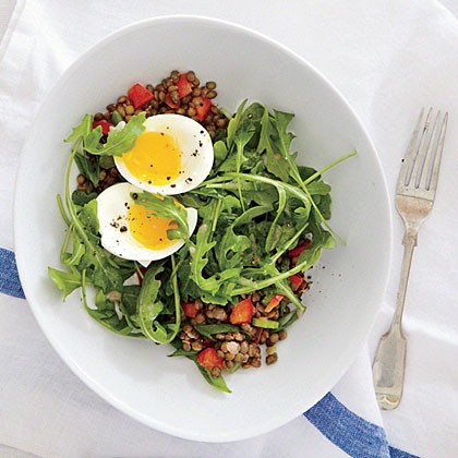 Lentil salad with soft-cooked eggs