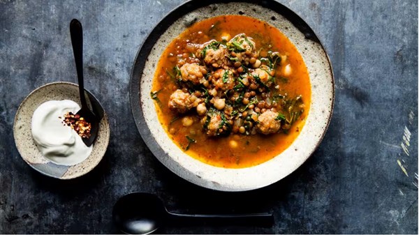 Lentil, silverbeet and lamb köfte soup