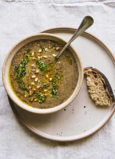 Lentil soup w/cumin, garlic, lemon + pine nuts