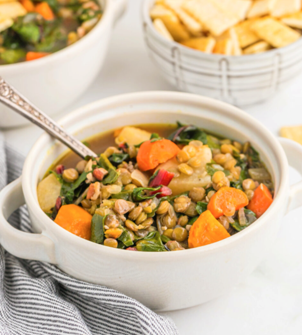 Lentil soup with balsamic roasted vegetables