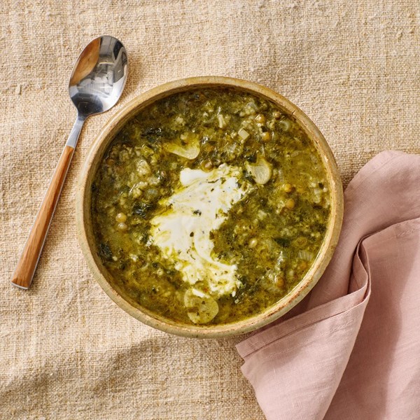 Lentil soup with greens and rice