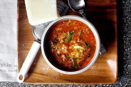 Lentil soup with sausage, chard and garlic