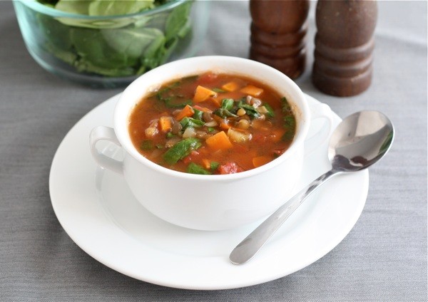 Lentil soup with sweet potatoes & spinach