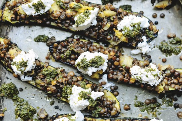  Lentil-stuffed courgettes with ricotta and fresh mint sauce