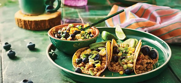 Lentil tacos with blueberry corn salsa