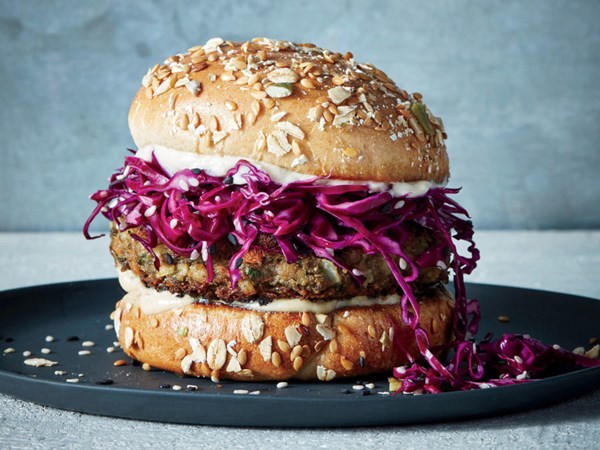 Lentil-tahini burgers with pickled cabbage