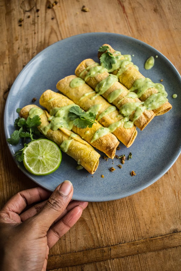 Lentil taquitos with avocado crema