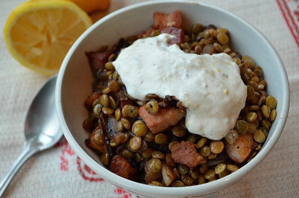 Lentils and caramelized onions with bacon and lemon yogurt