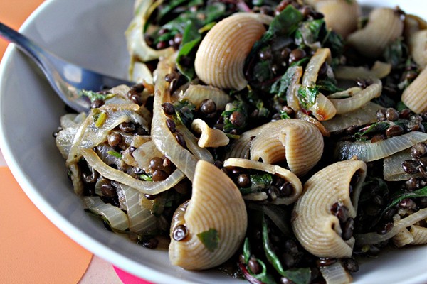 Lentils and shells with cilantro-scented onions and Swiss chard