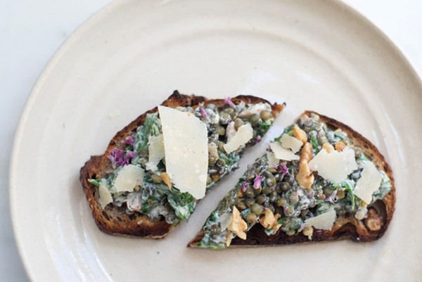 Lentils folded into yogurt, spinach, and basil