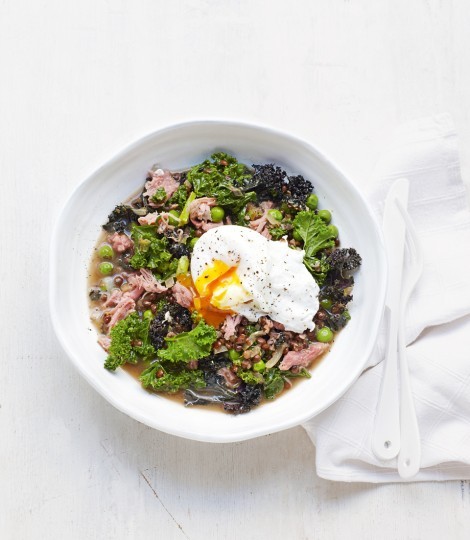 Lentils, ham hock and kale with poached eggs