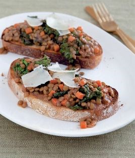 Lentils, kale, and Manchego on garlic toast