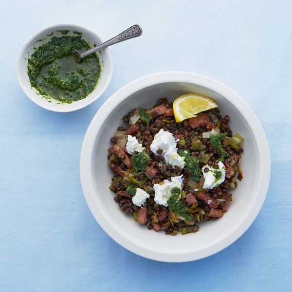 Lentils, pancetta, goat's curd and salsa verde