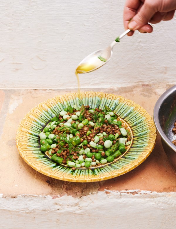 Lentils, peas, asparagus and broad beans