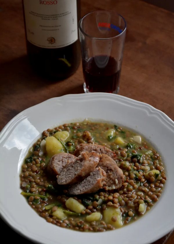 Lentils, potato, greens and sausage