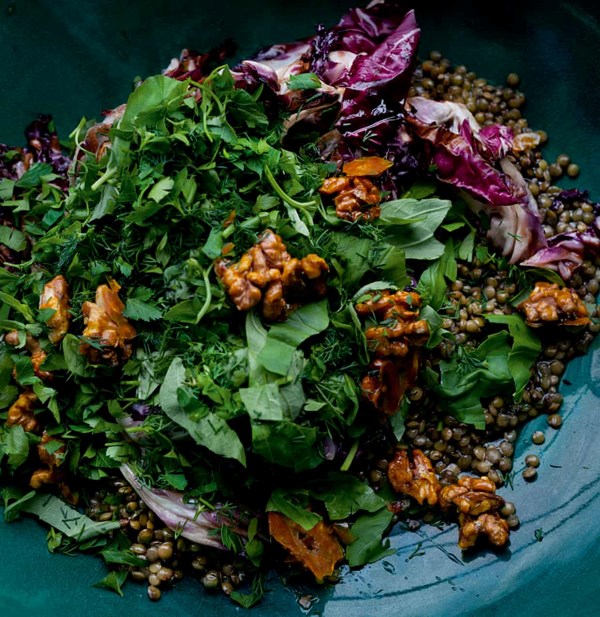 Lentils, radicchio and walnuts with manuka honey