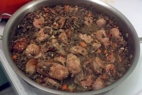 Lentils with bacon and andouille sausage