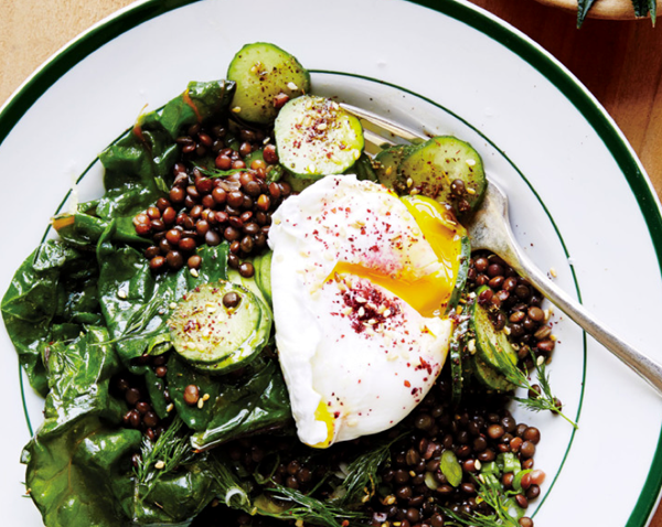 Lentils with cucumbers, chard, and poached egg